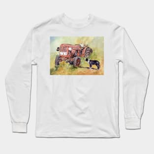 VINTAGE TRACTOR WITH BORDER COLLIE Long Sleeve T-Shirt